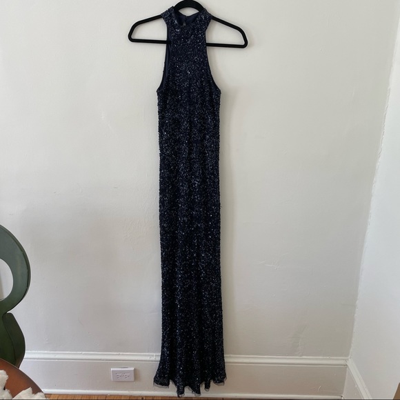 Parker Black Navy Sequin High Neck Halter Maxi Gown Dress Formal Wedding Prom - Picture 9 of 14